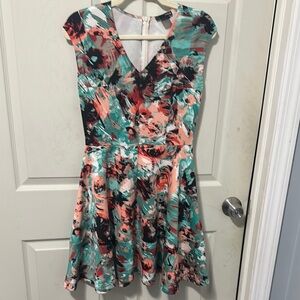 NWOT Aqua Pink and Green Flutter Sleeve Mini Dress